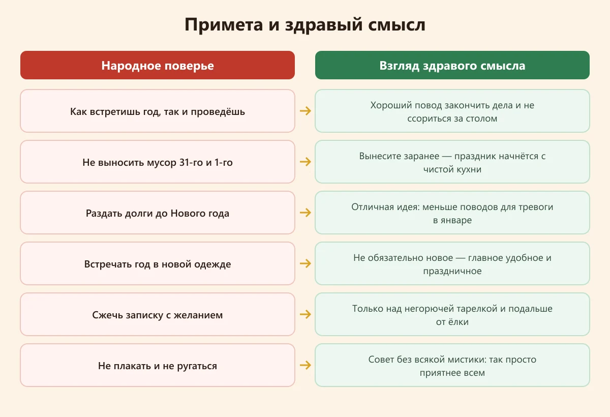 таблица: новогодние приметы и взгляд здравого смысла на них